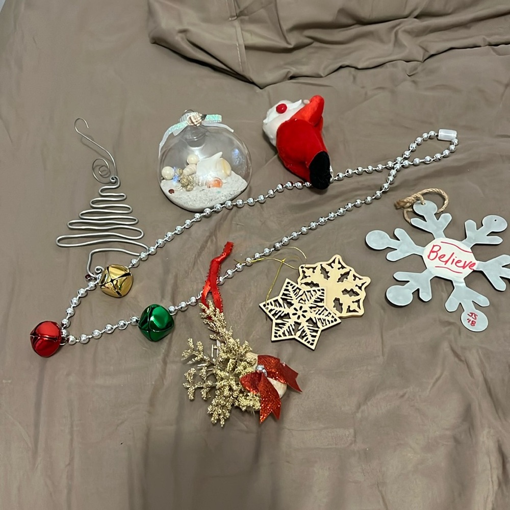 Christmas decorations and jingle bell necklace